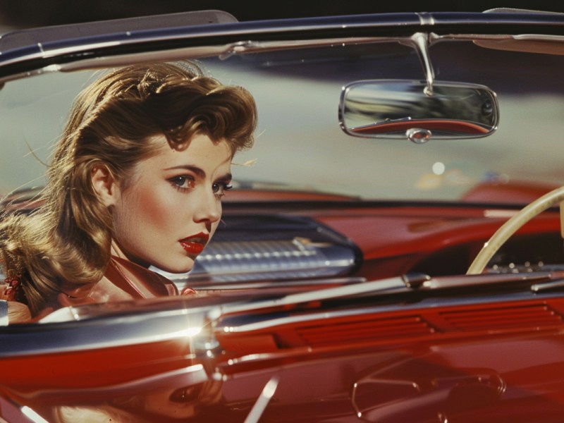 Ein Foto einer jungen, blonden Frau, die in einem roten Cabrio sitzt.