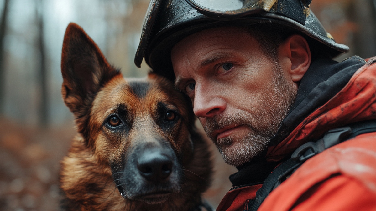 Ein Hund und ein Feuerwehrmann. (KI-generiert)