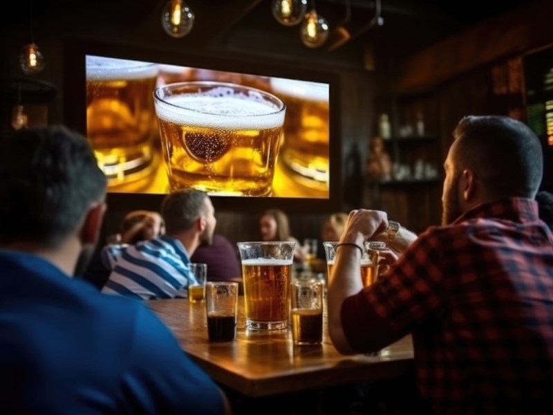 Ein Mann schaut Bier-Werbung in einem Fernseher in einer Kneipe.