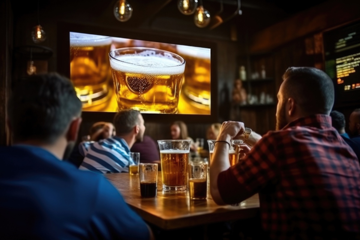 Ein Mann schaut Bier-Werbung in einem Fernseher in einer Kneipe.