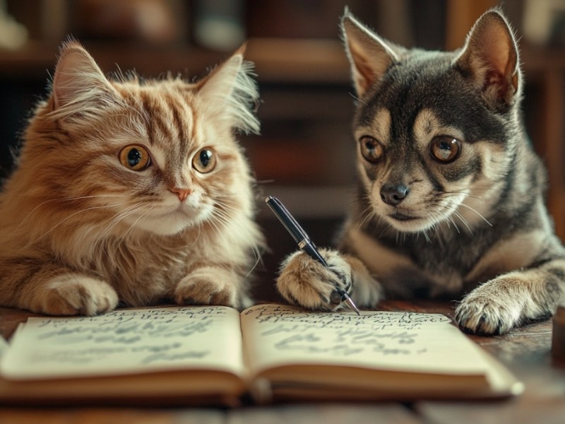 Ein Hund und eine Katze schreiben in einem Tagebuch. (KI-generiert)