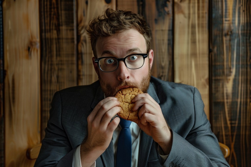 Ein Mann in einem Anzug isst einen Keks.