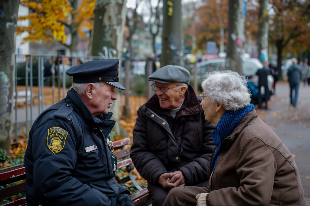 Ein Polizist unterhält sich mit einem Rentner-Ehepaar auf einer Parkbank im Herbst.