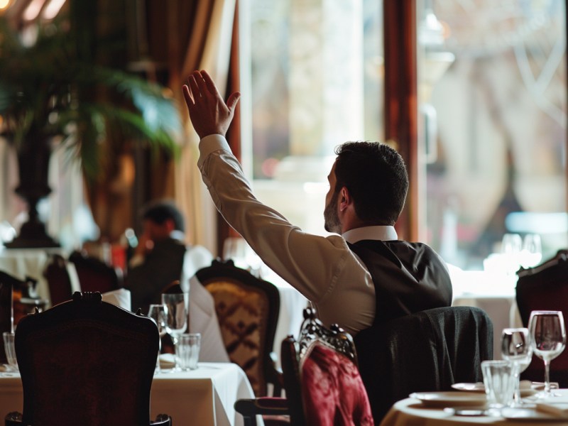 Ein gut gekleideter Mann in einem Restaurant hebt die Hand, um den Kellner zu sich zu rufen.