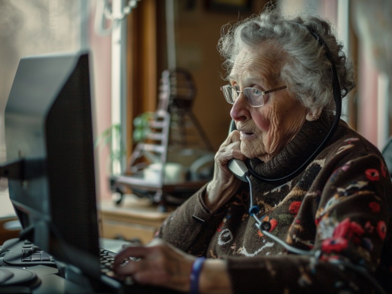 Eine alte Frau telefoniert, während sie ihren Computer benutzt.
