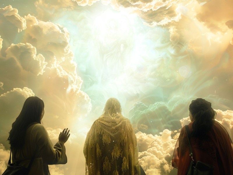 Drei Frauen stehen im Himmel vor einer Lichtgestalt.