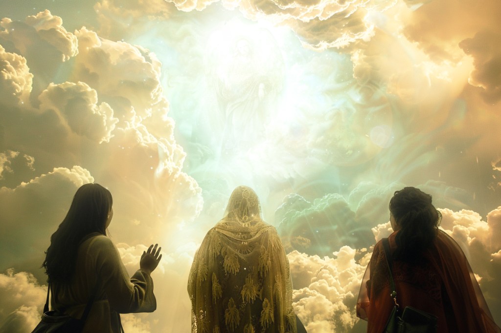 Drei Frauen stehen im Himmel vor einer Lichtgestalt.
