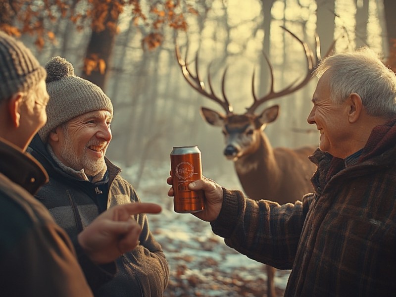 Drei Männer in ihren 60ern trinken in einem Wald auf der Jagd ein Bier. Im Hintergrund ist ein Hirsch zu sehen.