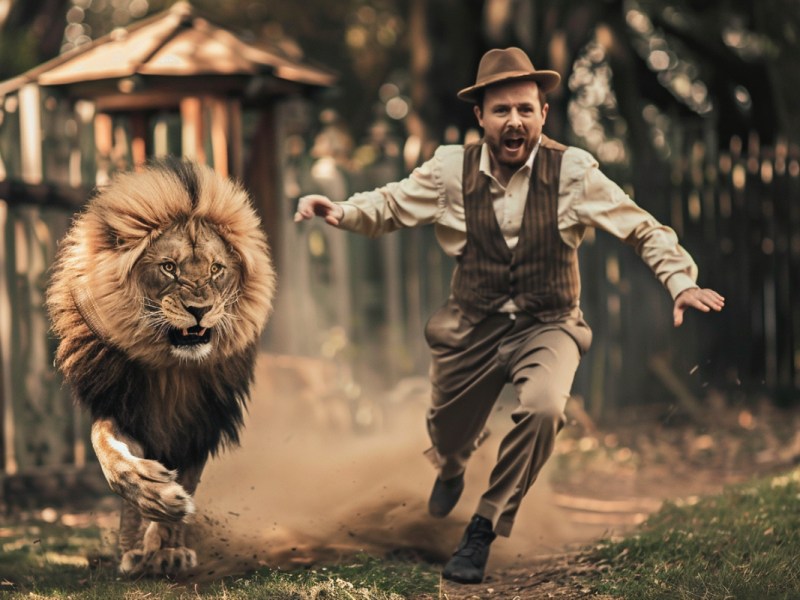 Ein fein gekleideter Mann läuft vor einem Löwen davon.