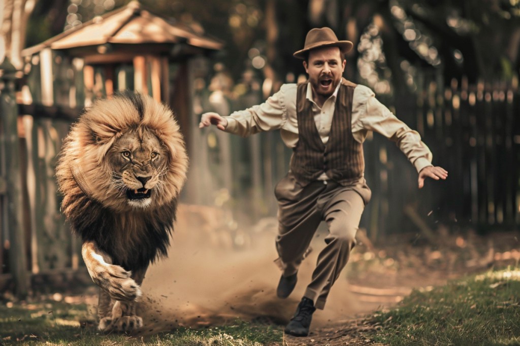 Ein fein gekleideter Mann  läuft vor einem Löwen davon.