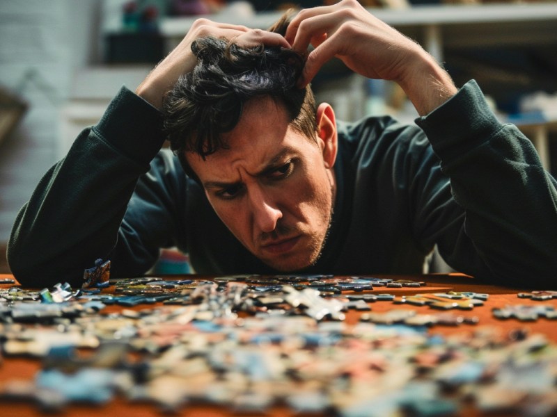 Ein Mann versucht konzentriert, ein Puzzle zusammenzusetzen.