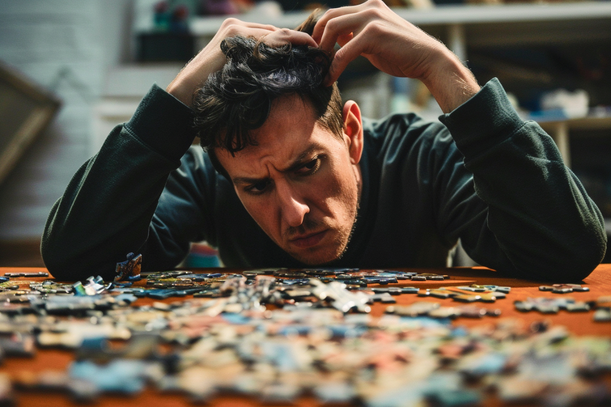 Ein Mann versucht konzentriert, ein Puzzle zusammenzusetzen.