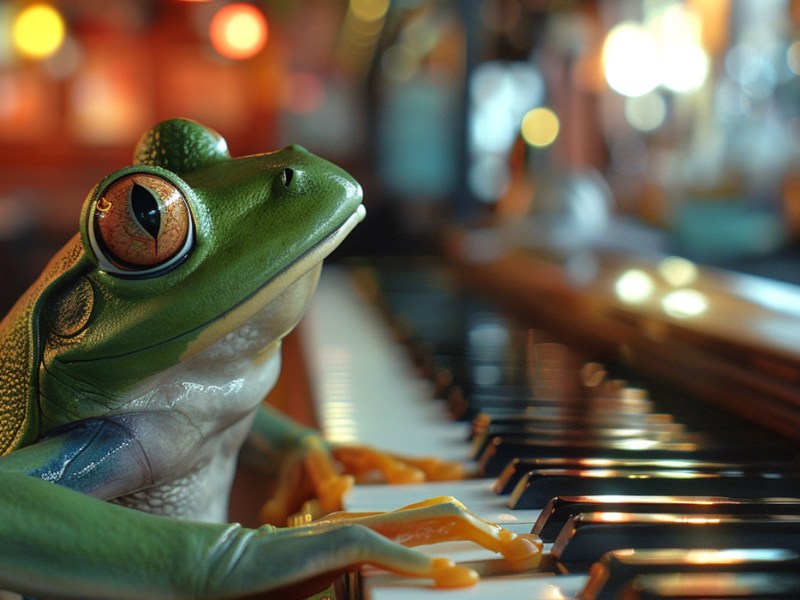 Ein Frosch spielt Klavier in einer Kneipe.