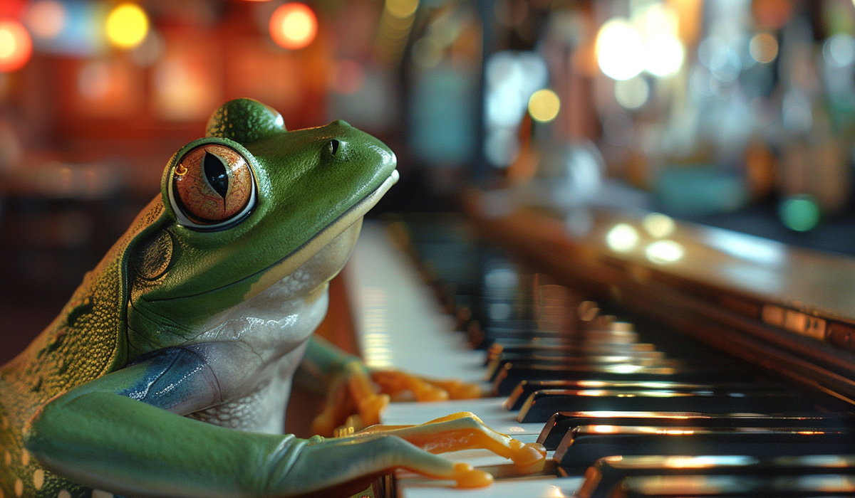Ein Frosch spielt Klavier in einer Kneipe.