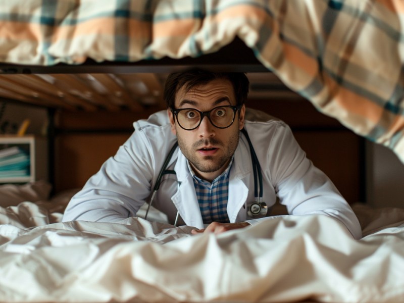 Ein junger Arzt mit Kittel und Stethoskop schaut unter ein Bett.