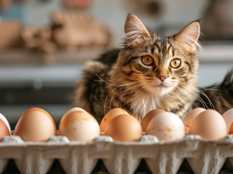 Eine Katze auf einer Eierverpackung.