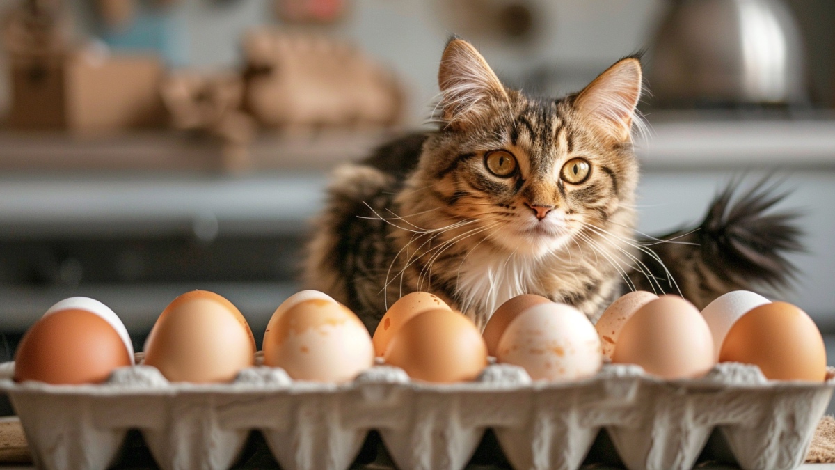 Eine Katze auf einer Eierverpackung.