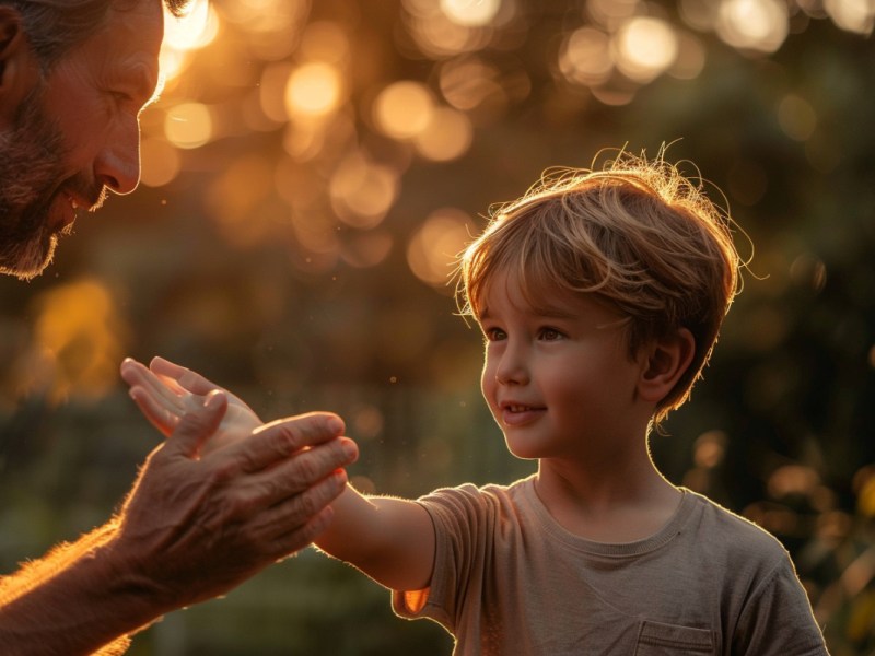 Ein Junge zeigt seinem Vater etwas, das er in der Hand hält.
