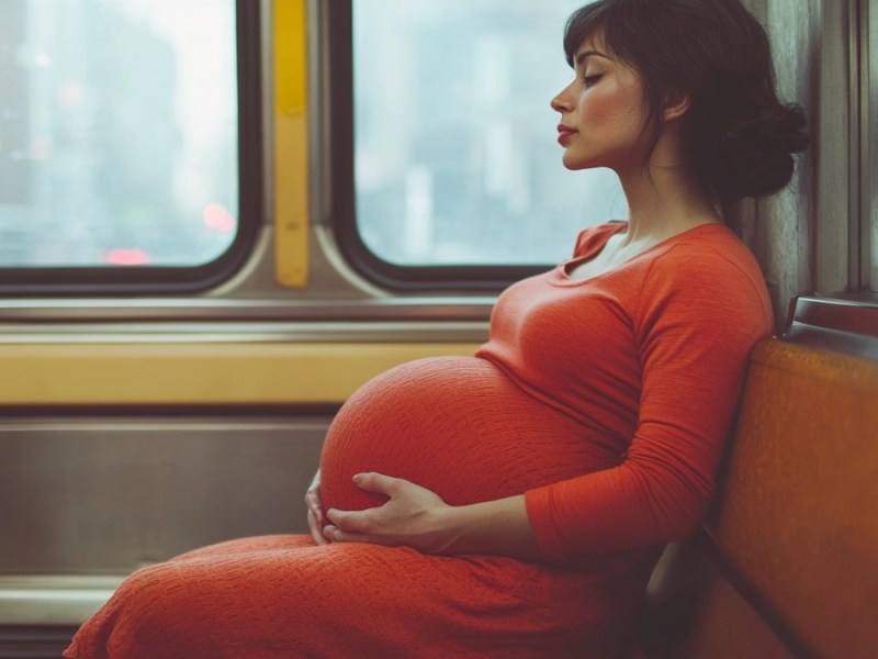 Eine schwangere Frau in der U-Bahn. (KI-generiert)