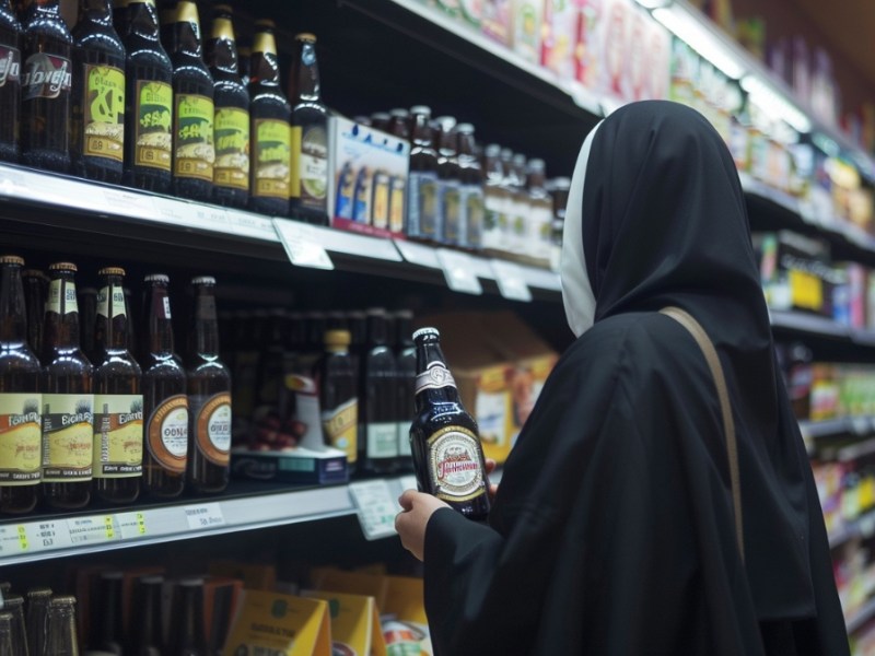 Eine Nonne kauft Bier in einem Supermarkt.