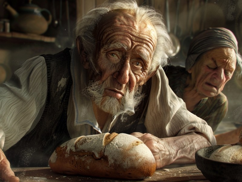 Ein alter Mann sitzt in der Küche neben seiner Frau vor einem Laib Brot.