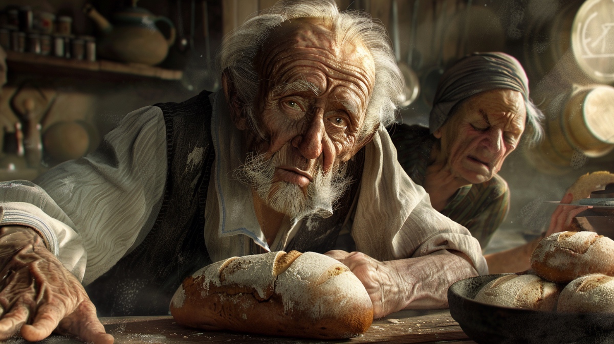Ein alter Mann sitzt in der Küche neben seiner Frau vor einem Laib Brot.