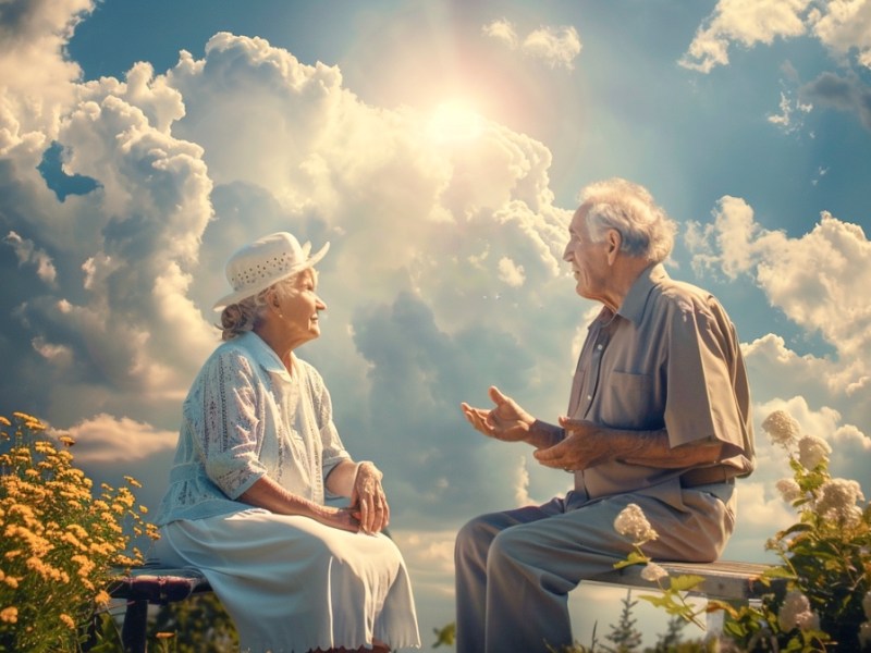 Ein altes Ehepaar sitzt im Himmel auf einer Wolke und unterhält sich.