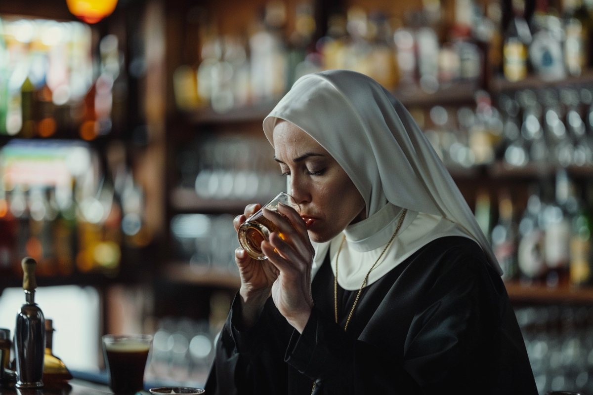 Eine Nonne trinkt ein Glas Whiskey in einer Bar.