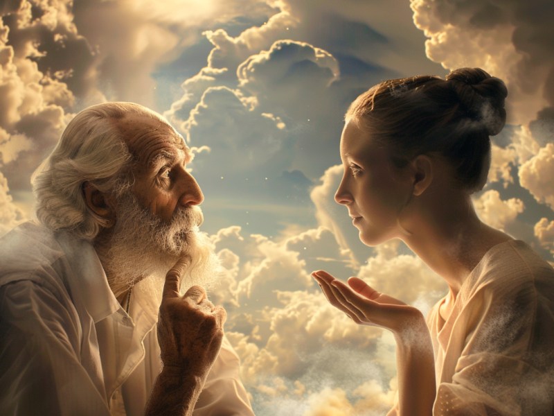 Eine junge Frau unterhält sich mit einem bärtigen Mann im Himmel.
