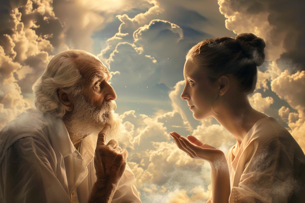 Eine junge Frau unterhält sich mit einem bärtigen Mann im Himmel.
