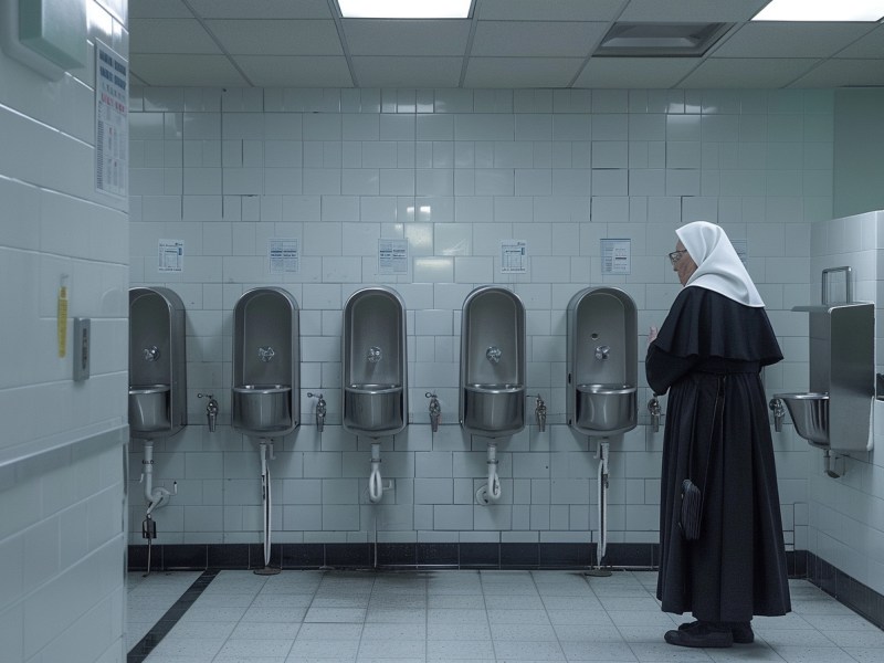 Eine Nonne steht in einer Herrentoilette.