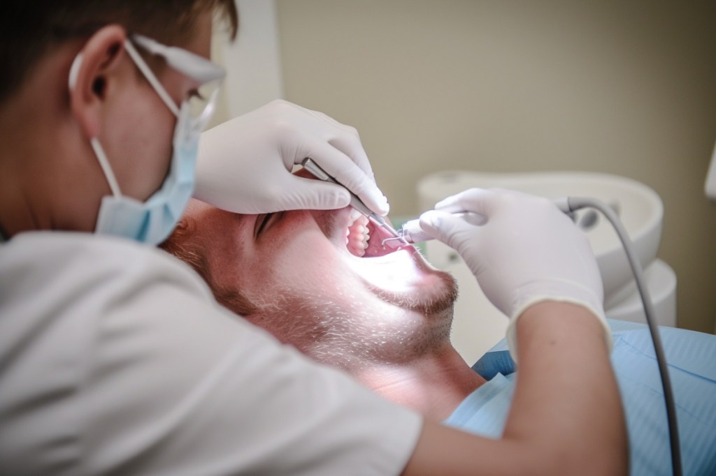 Ein Mann wird von einer Zahnärztin behandelt.