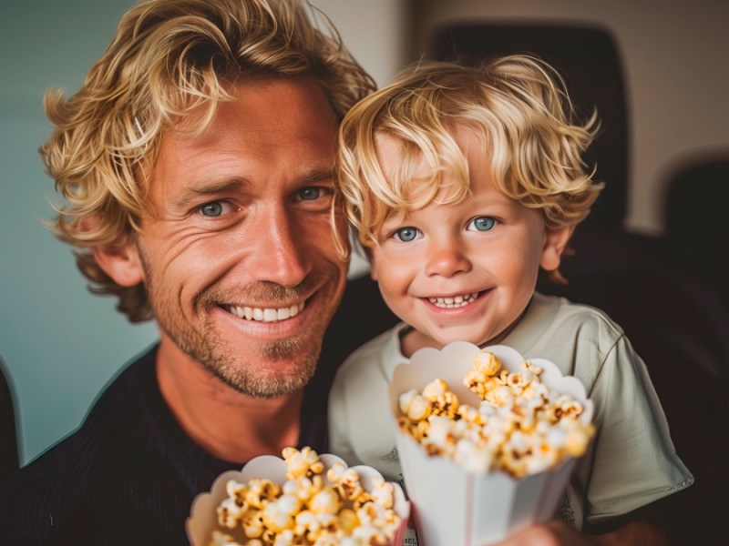 Ein Vater isst mit seinem Sohn Popcorn. KI-generiert.