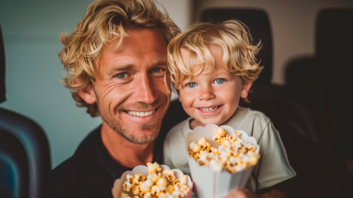 Ein Vater isst mit seinem Sohn Popcorn. KI-generiert.
