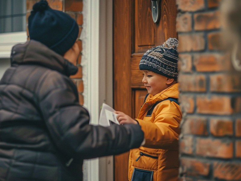 Ein kleiner Junge öffnet einem Postboten die Tür und nimmt einen Brief entgegen.