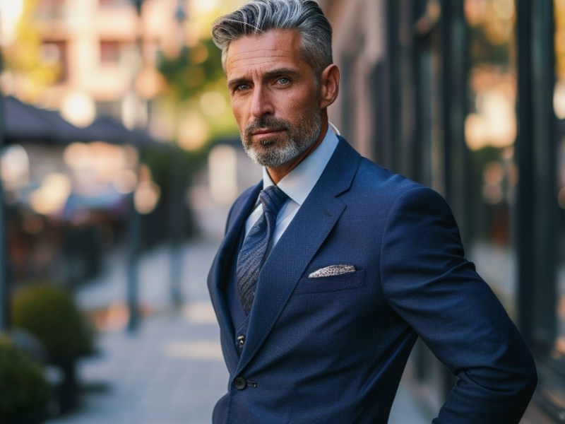 Ein attraktiver Geschäftsmann im mittleren Alter in einem blauen Anzug.