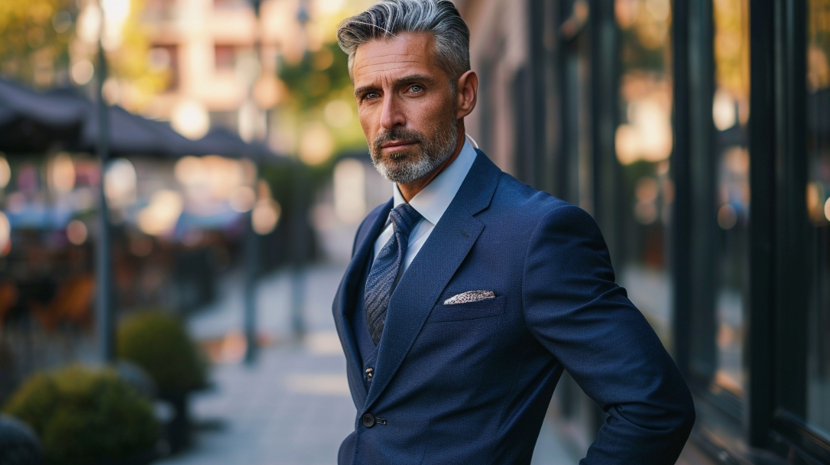 Ein attraktiver Geschäftsmann im mittleren Alter in einem blauen Anzug.