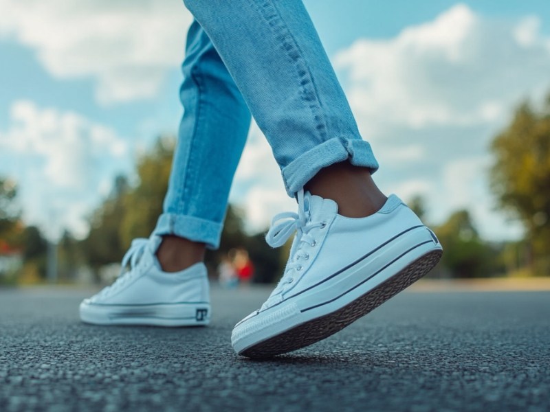 Eine junge Frau mit Jeans und weißen Turnschuhen tanzt auf einer Straße.