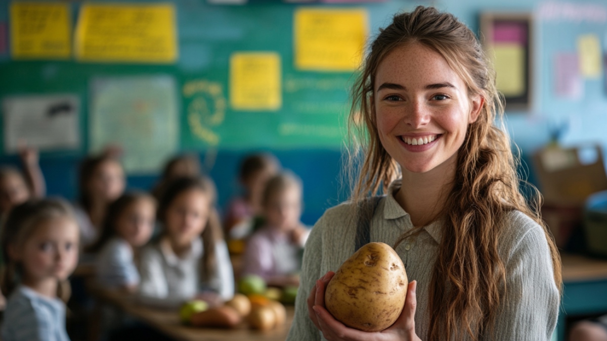 Lehrerin mit Kartoffel vor Klasse. (KI-generiert)