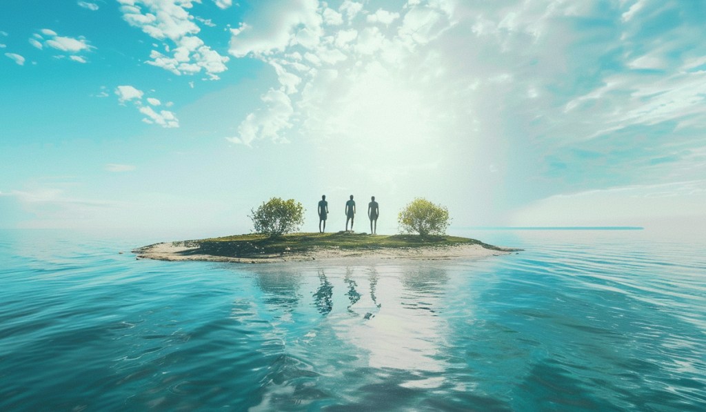 Drei Männer stehen auf einer einsamen Karibikinsel mitten im Meer.