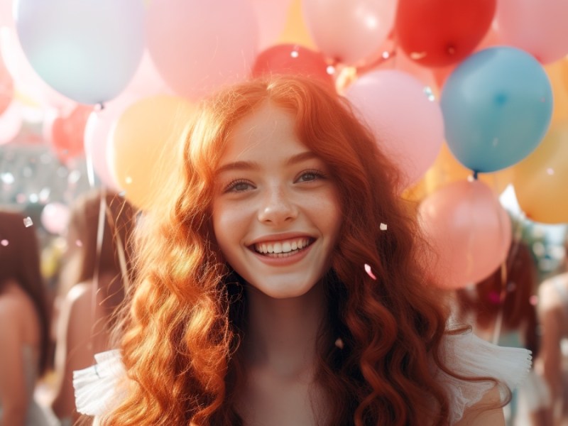 Eine 15-Jährige, die ihren Geburtstag feiert. Im Hintergrund sind viele Luftballons. KI-generiert.