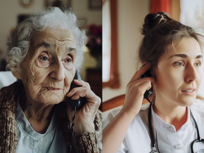 Eine alte Frau telefoniert mit einer jungen Pflegerin.