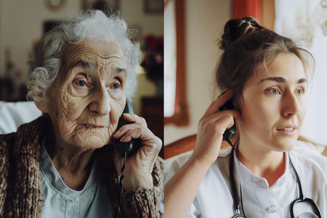 Eine alte Frau telefoniert mit einer jungen Pflegerin.