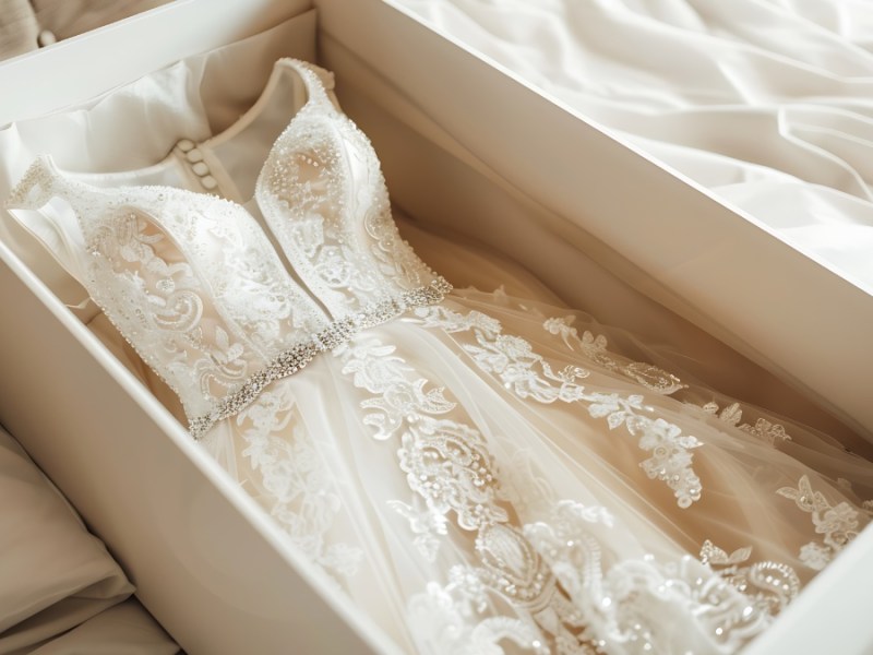 Hochzeitskleid in einer Schachtel. (KI-generiert)