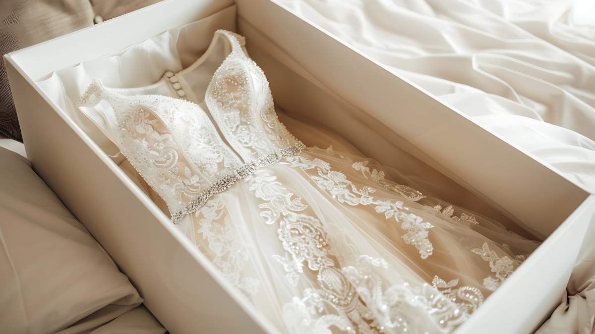 Hochzeitskleid in einer Schachtel. (KI-generiert)