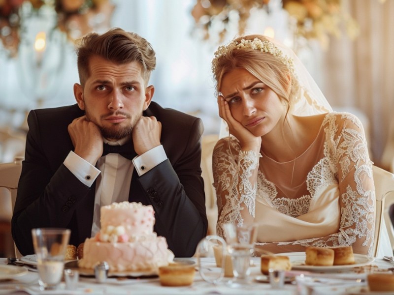 Eine Braut und ein Bräutigam sitzen schlecht gelaunt vor einer Hochzeitstorte am Tisch.