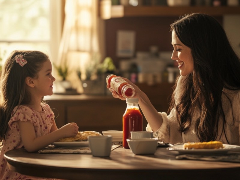 Eine Mutter sitzt mit ihrer Tochter am Essenstisch und schüttelt eine Ketchupflasche.