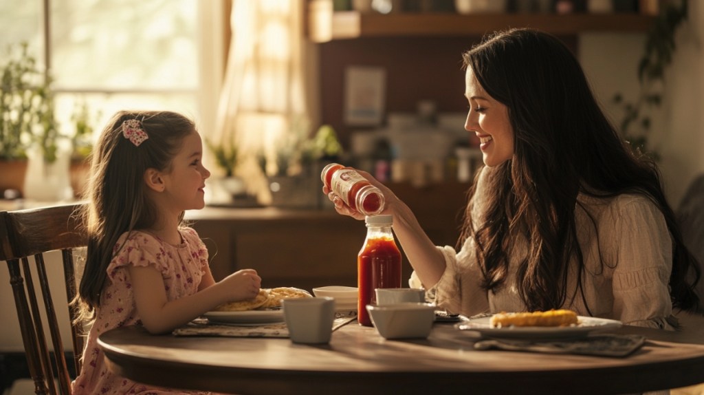 Eine Mutter sitzt mit ihrer Tochter am Essenstisch und schüttelt eine Ketchupflasche.