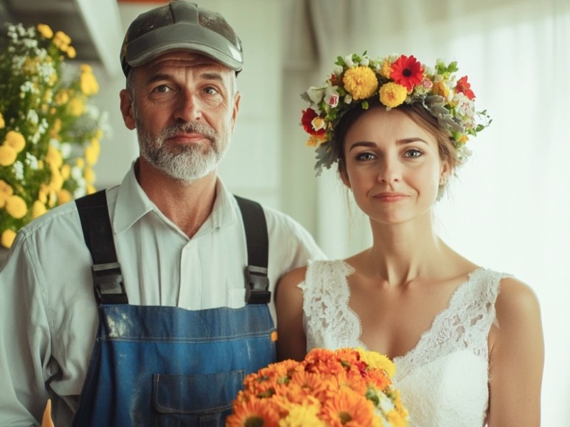 Ein Handwerker in Arbeitskleidung heiratet eine schöne Frau.